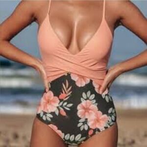 Beachsissi‎ One Piece Floral V-neck Swimsuit Size XL  Ruched Front Swimwear